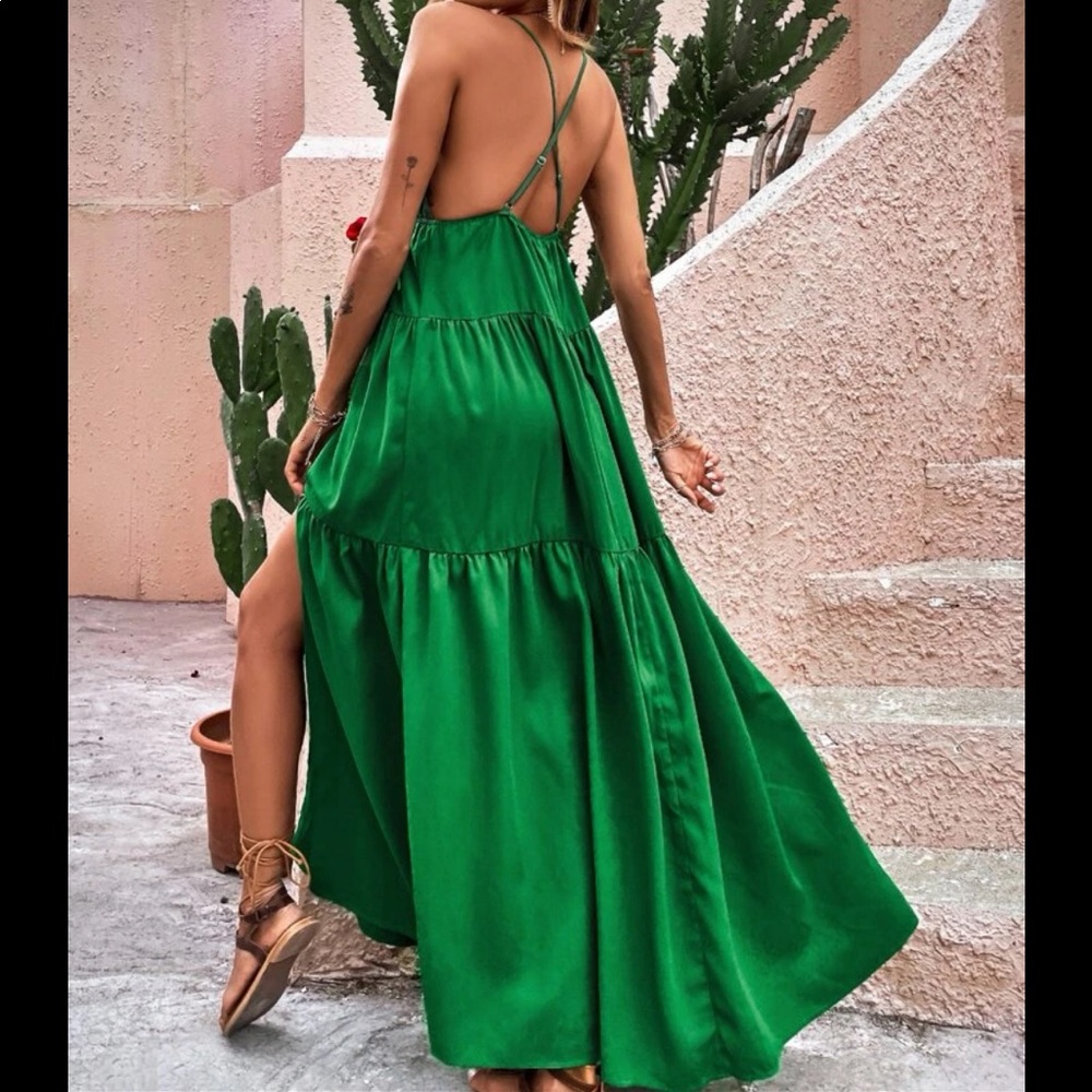 Boho Gypsy Criss Cross Open Back Backless Cami Maxi Dress Green - Picture 4 of 7